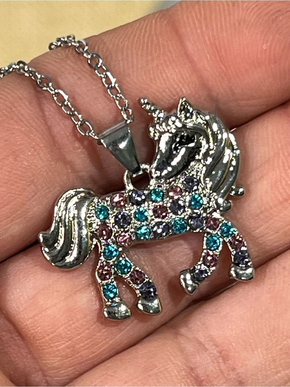 Silver Unicorn Pendant Necklace with Multicolor Crystal Accents